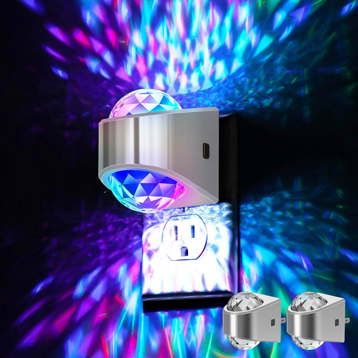 Plug in projector night light casting a soft white glow across a dark bedroom wall