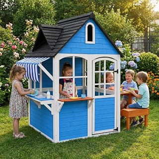 Wooden Outdoor Playhouse with Toy Sink - Blue
