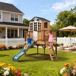 Elevated Wooden Outdoor Playhouse with Wave Slide