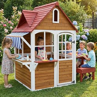 Wooden Outdoor Playhouse with Toy Sink - Brown