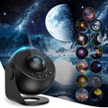 Galaxy projector night light showing a space scene on a bedroom ceiling