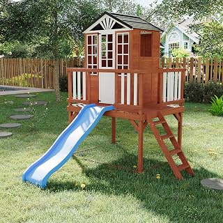 Elevated Cedar Wooden Outdoor Playhouse with Slide and Climbing Wall