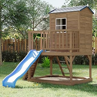 Elevated Cedar Wooden Outdoor Playhouse with Slide, Sandbox and Ladder