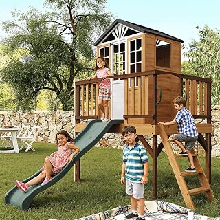 Fir Wood Outdoor Playhouse with Slide