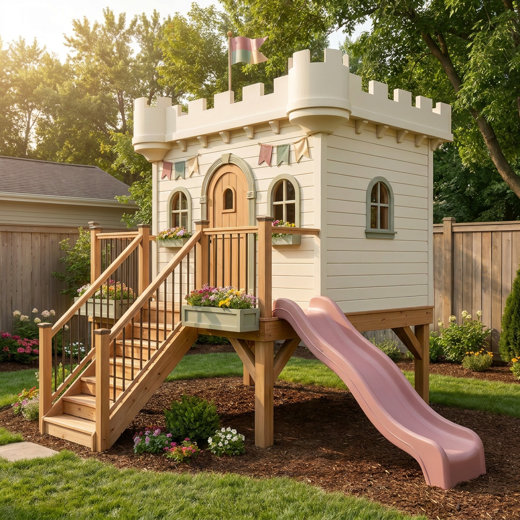Garden Castle Playhouse with Slide and Raised Deck