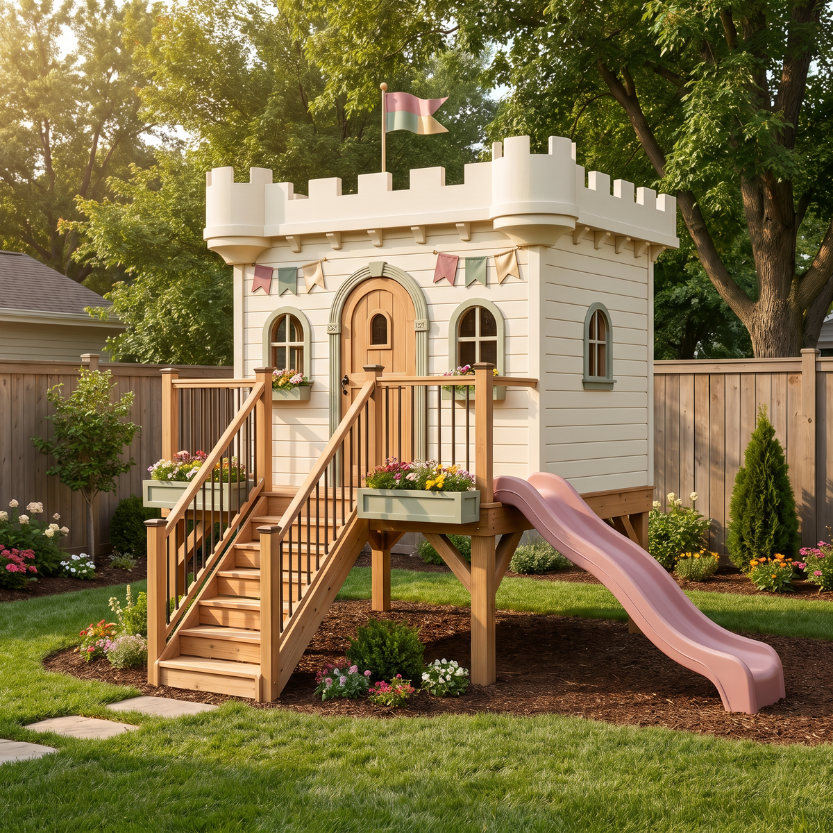 Garden Castle Playhouse with Slide and Raised Deck