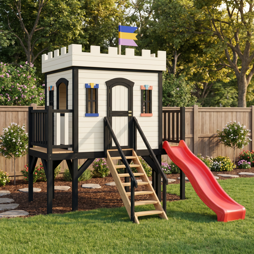 Backyard Castle Playhouse with Slide and Elevated Deck