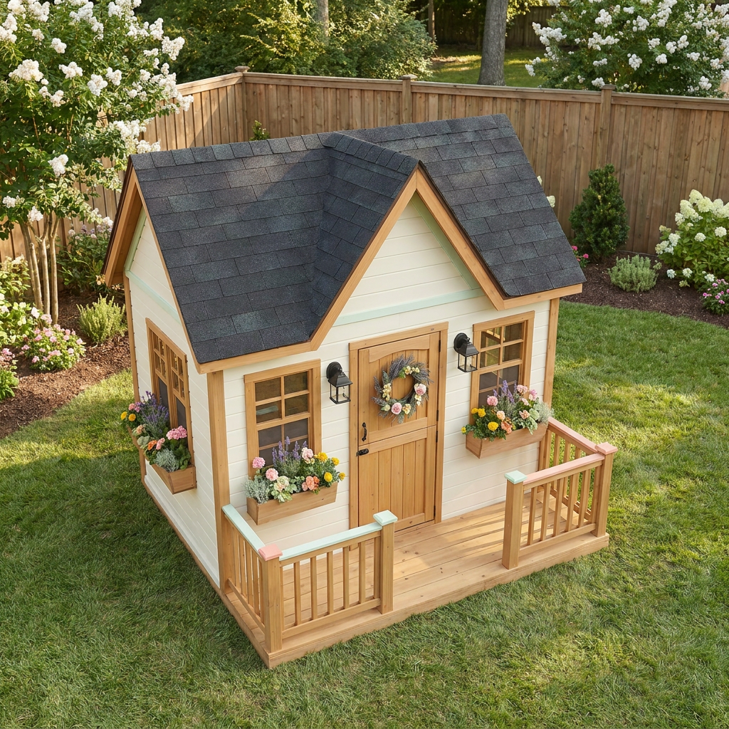 Wooden Garden Cottage Playhouse with Front Porch