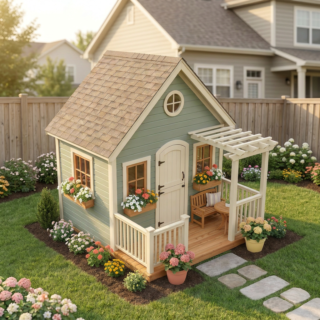 Kids Cottage Playhouse with Porch and Flower Boxes