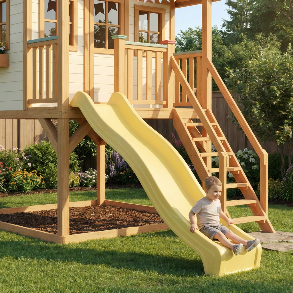 Kids Cottage Playhouse with Yellow Slide