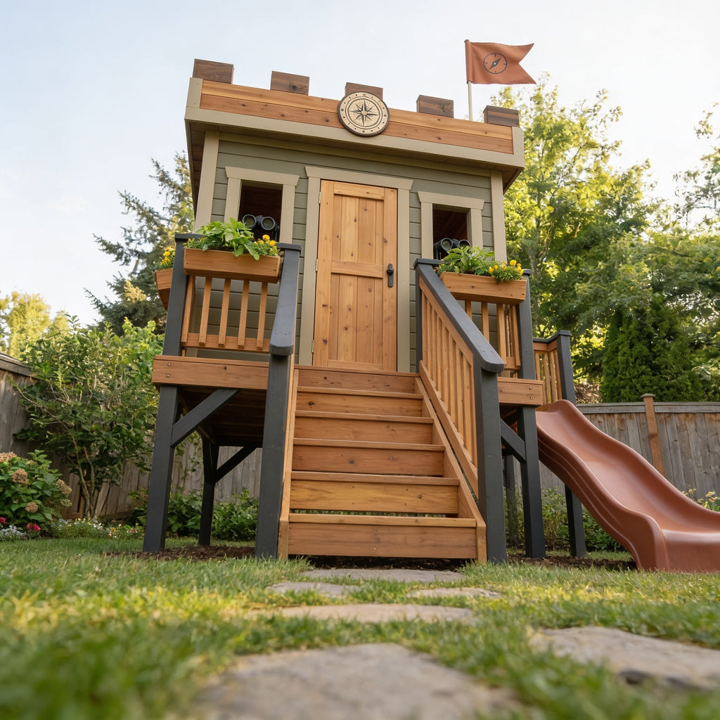 Elevated Lookout Playhouse with Copper-Colored Slide