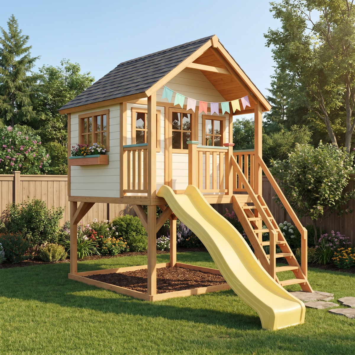 Kids Cottage Playhouse with Yellow Slide