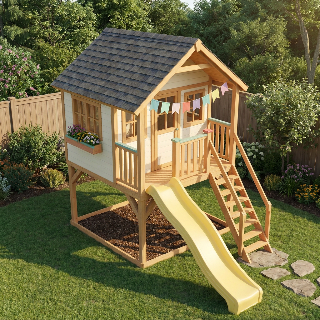 Kids Cottage Playhouse with Yellow Slide