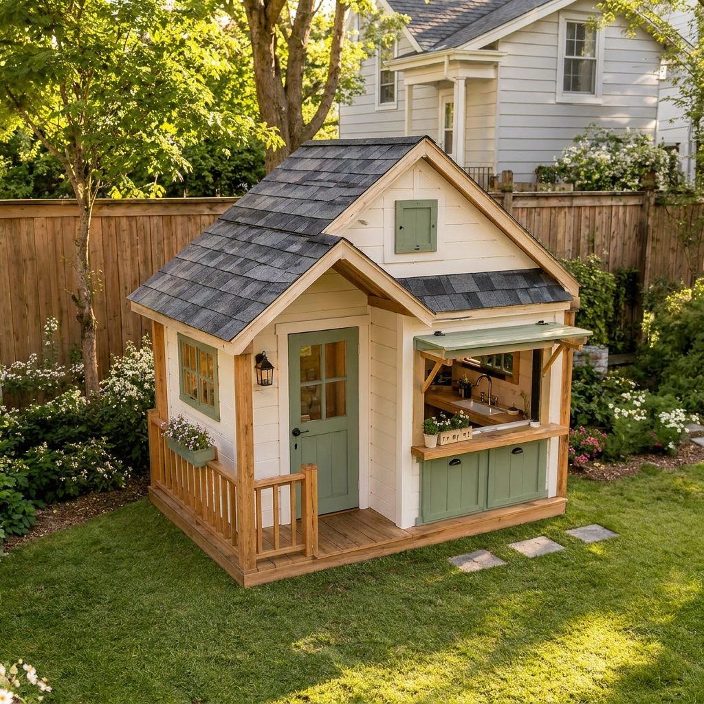 Green-Door Cottage Playhouse with Kitchen Counter