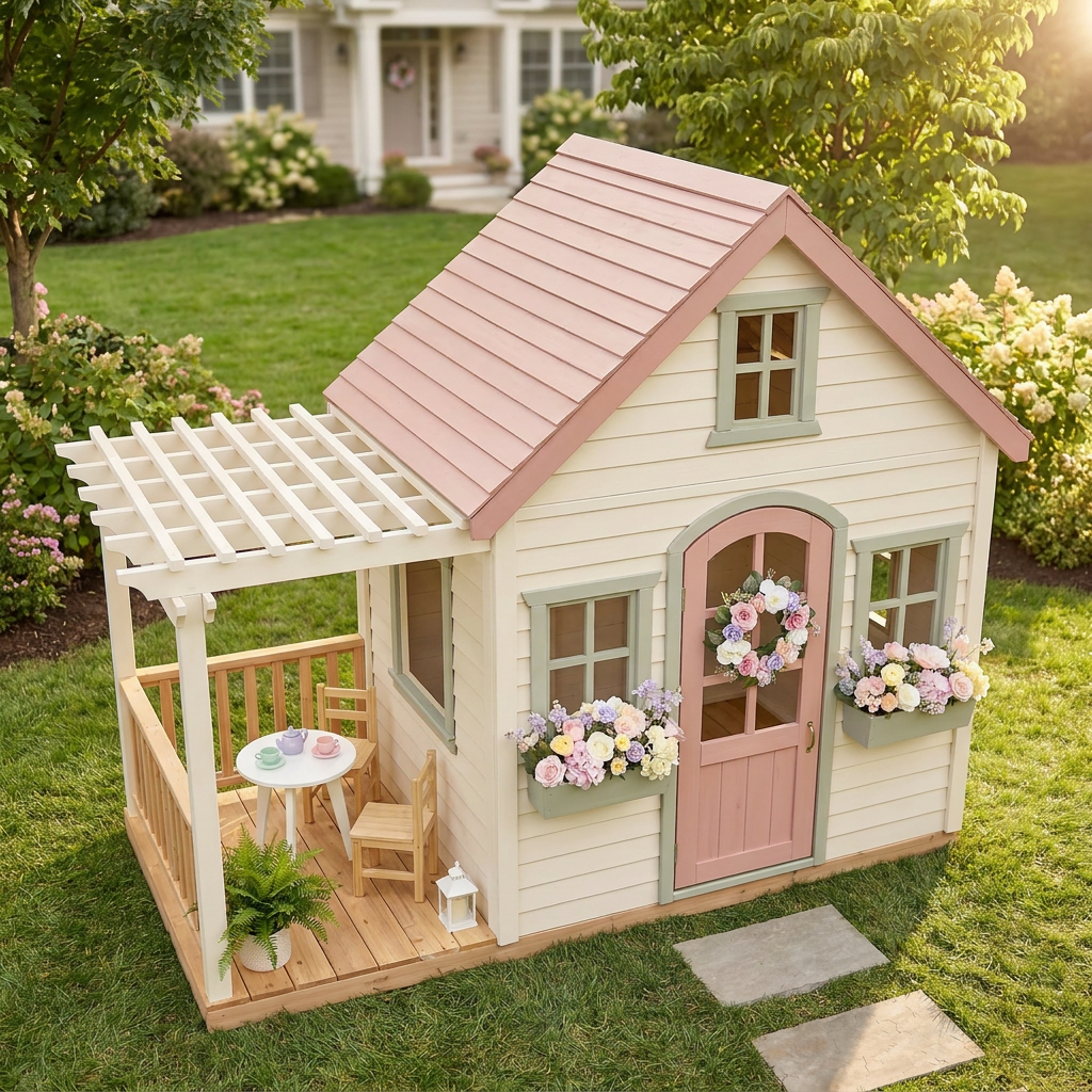Rose-Colored Cottage Garden Playhouse with Porch
