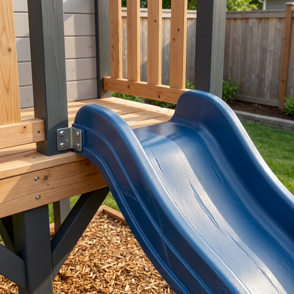 Wooden Kids Castle Playhouse with Blue Wave Slide