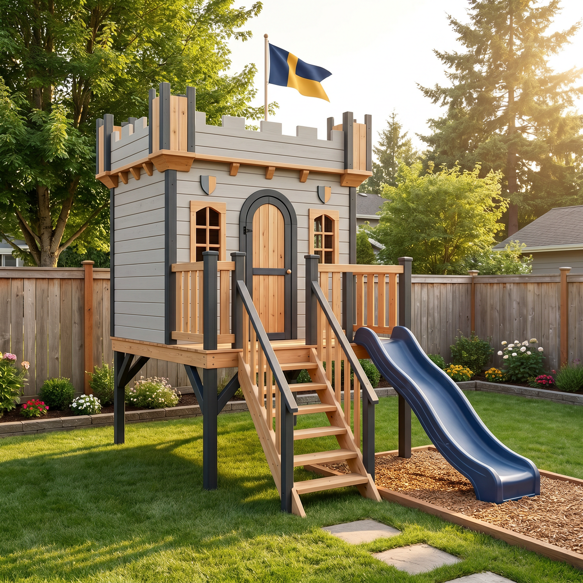 Wooden Kids Castle Playhouse with Blue Wave Slide