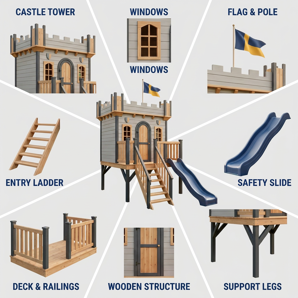 Wooden Kids Castle Playhouse with Blue Wave Slide