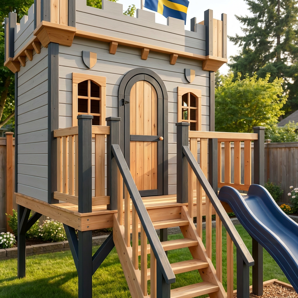 Wooden Kids Castle Playhouse with Blue Wave Slide