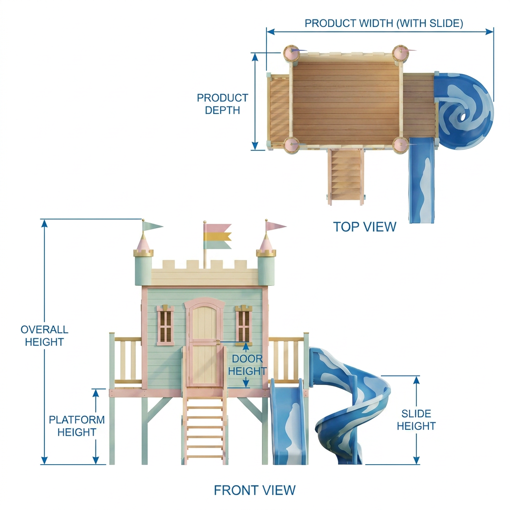Pastel Castle Playhouse with Blue Spiral Slide