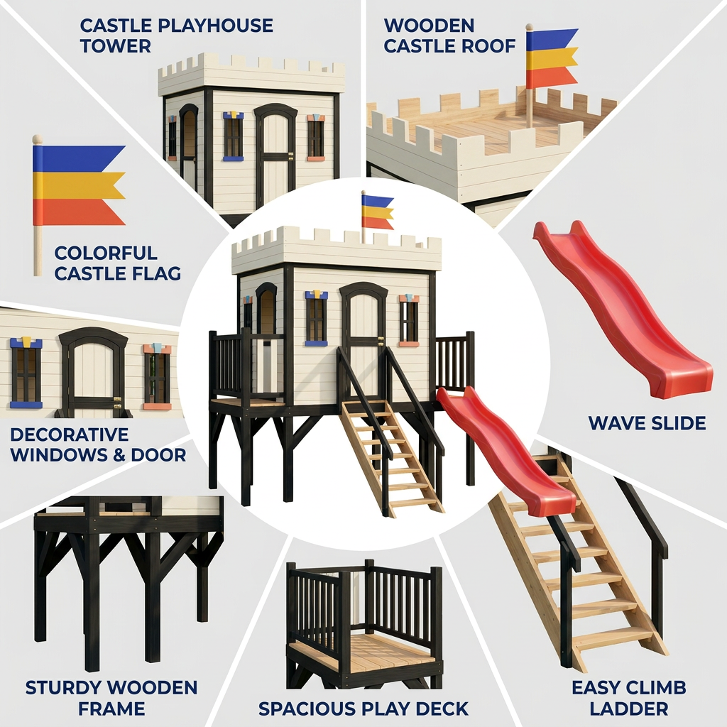 Backyard Castle Playhouse with Slide and Elevated Deck
