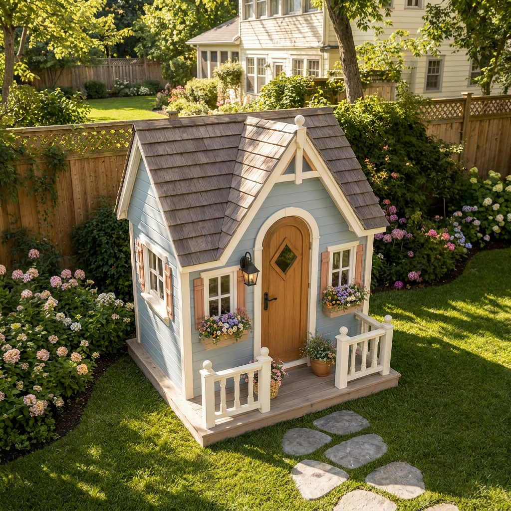 Blue Cottage Garden Playhouse with Front Porch