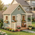 Kids Cottage Playhouse with Porch and Flower Boxes