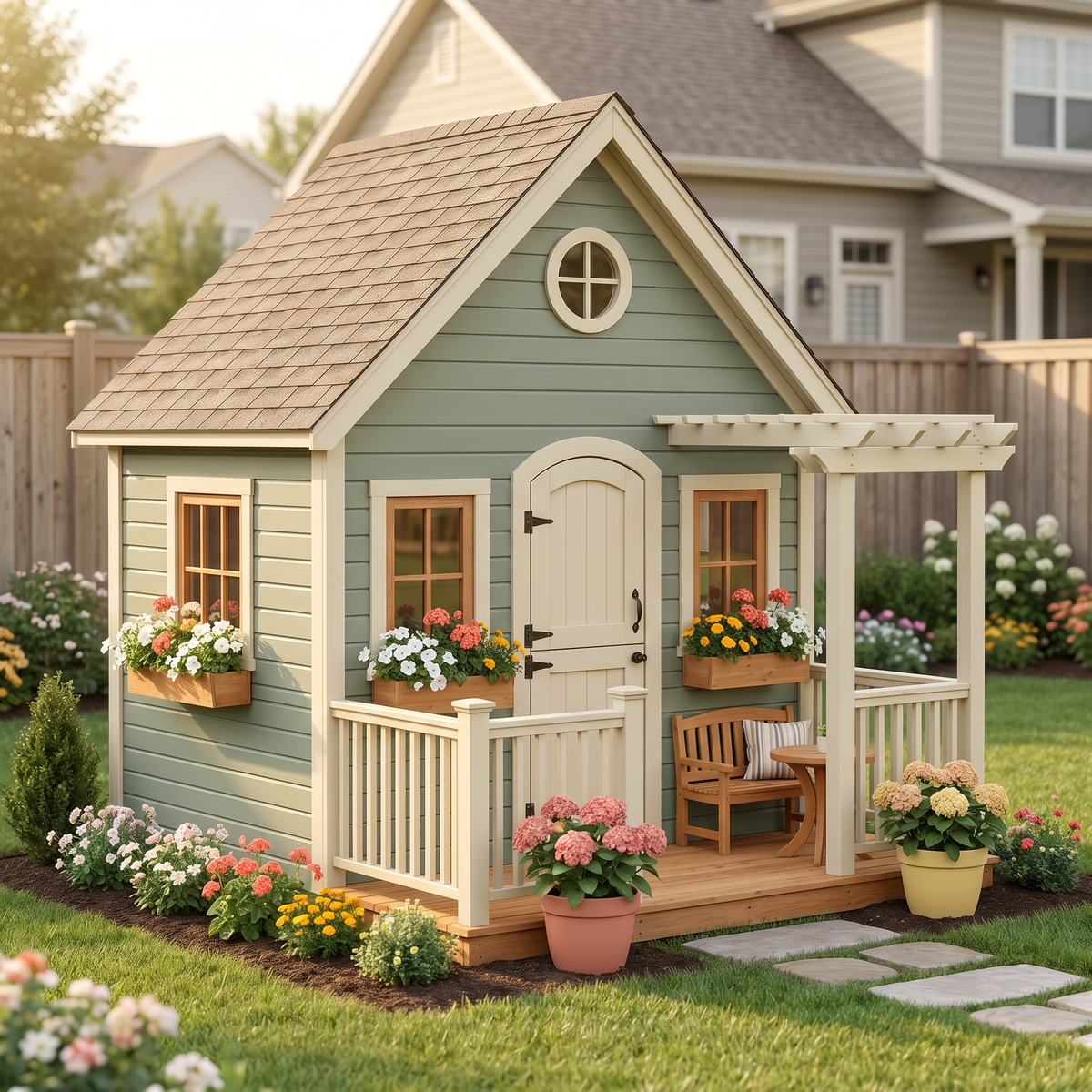 Kids Cottage Playhouse with Porch and Flower Boxes