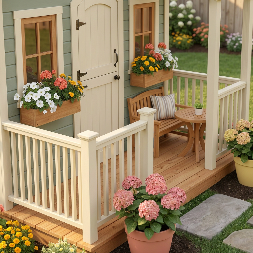 Kids Cottage Playhouse with Porch and Flower Boxes