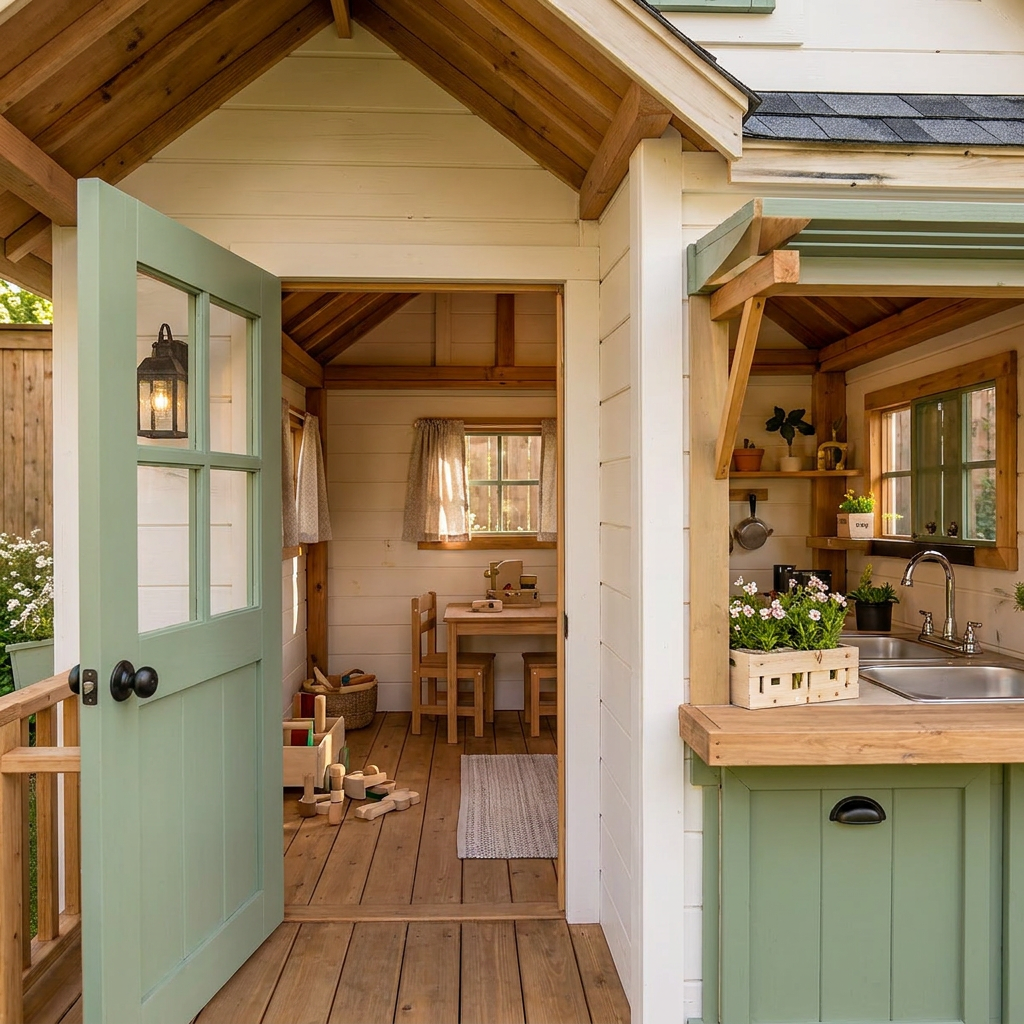 Green-Door Cottage Playhouse with Kitchen Counter