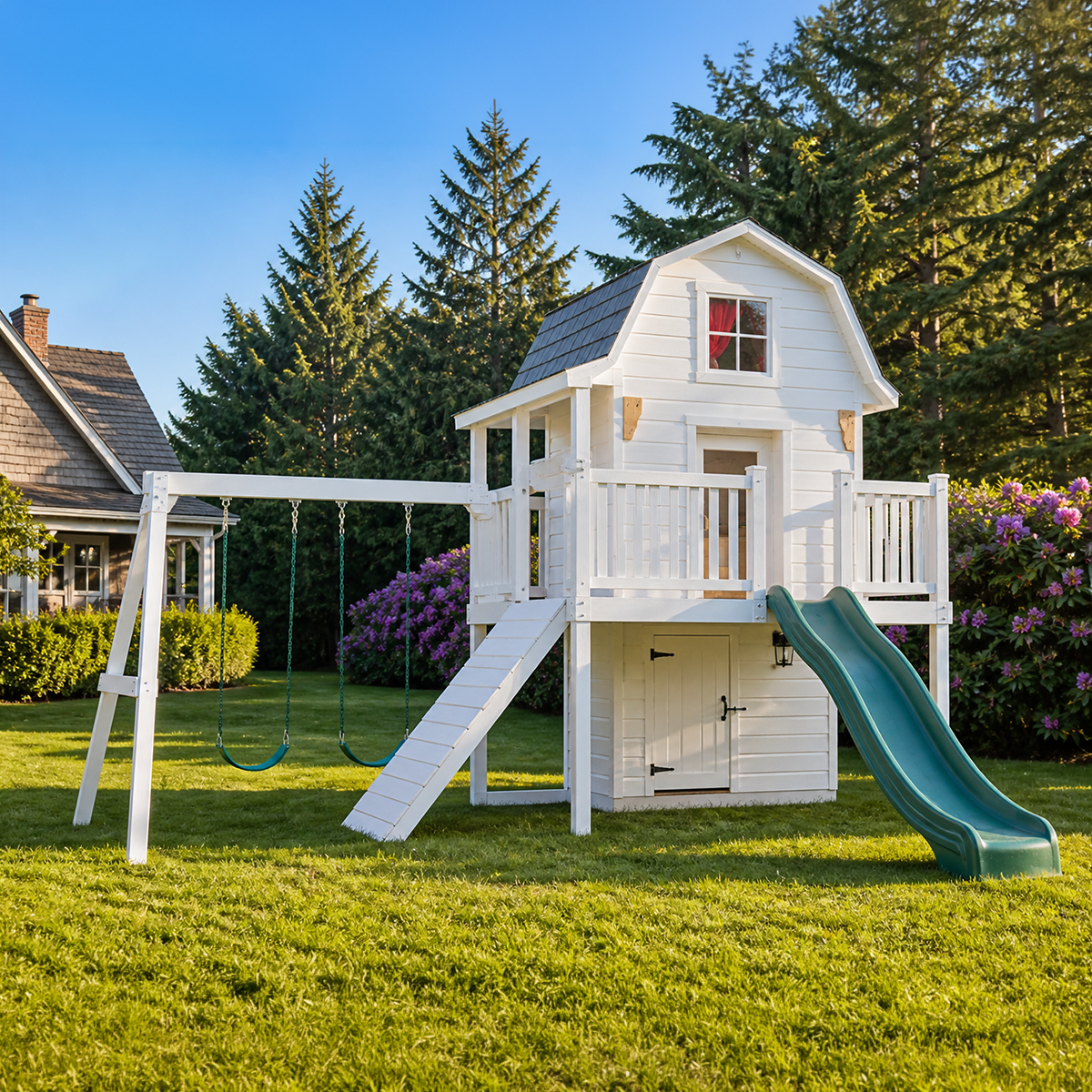 Kids Cottage Playhouse with Swings and Slide