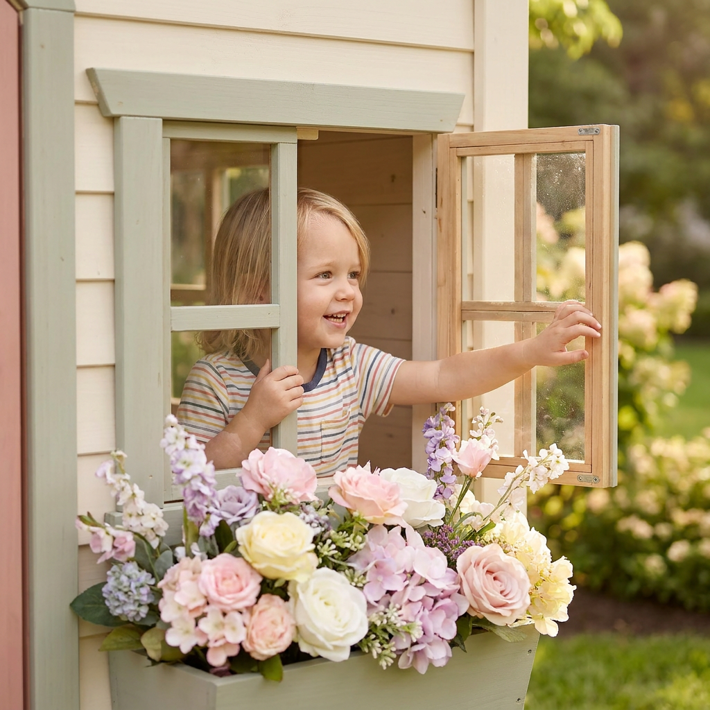 Rose-Colored Cottage Garden Playhouse with Porch