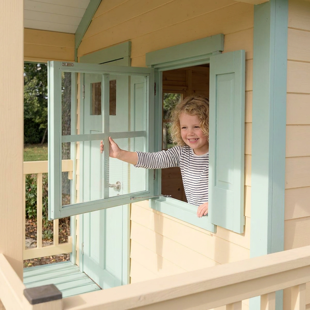 Peach-Colored Playhouse with Slide and Entry Stairs