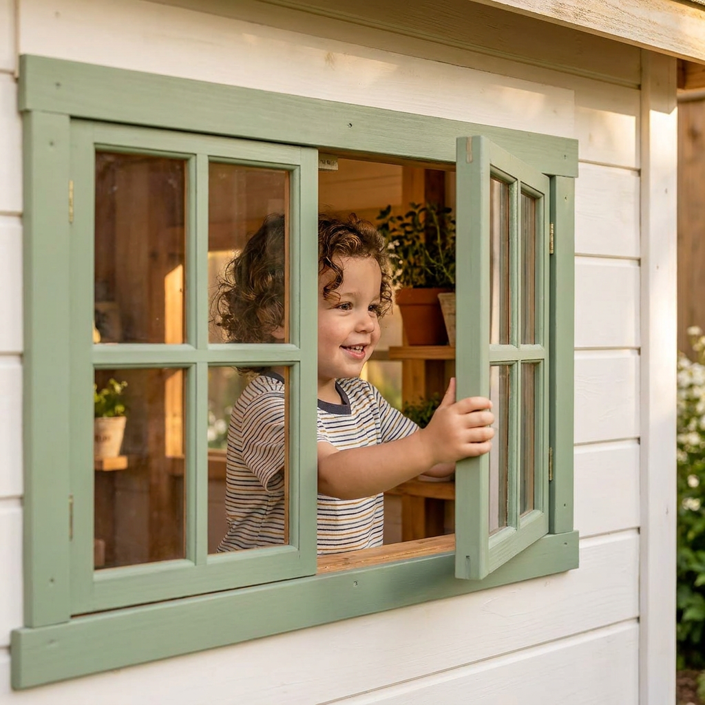 Green-Door Cottage Playhouse with Kitchen Counter