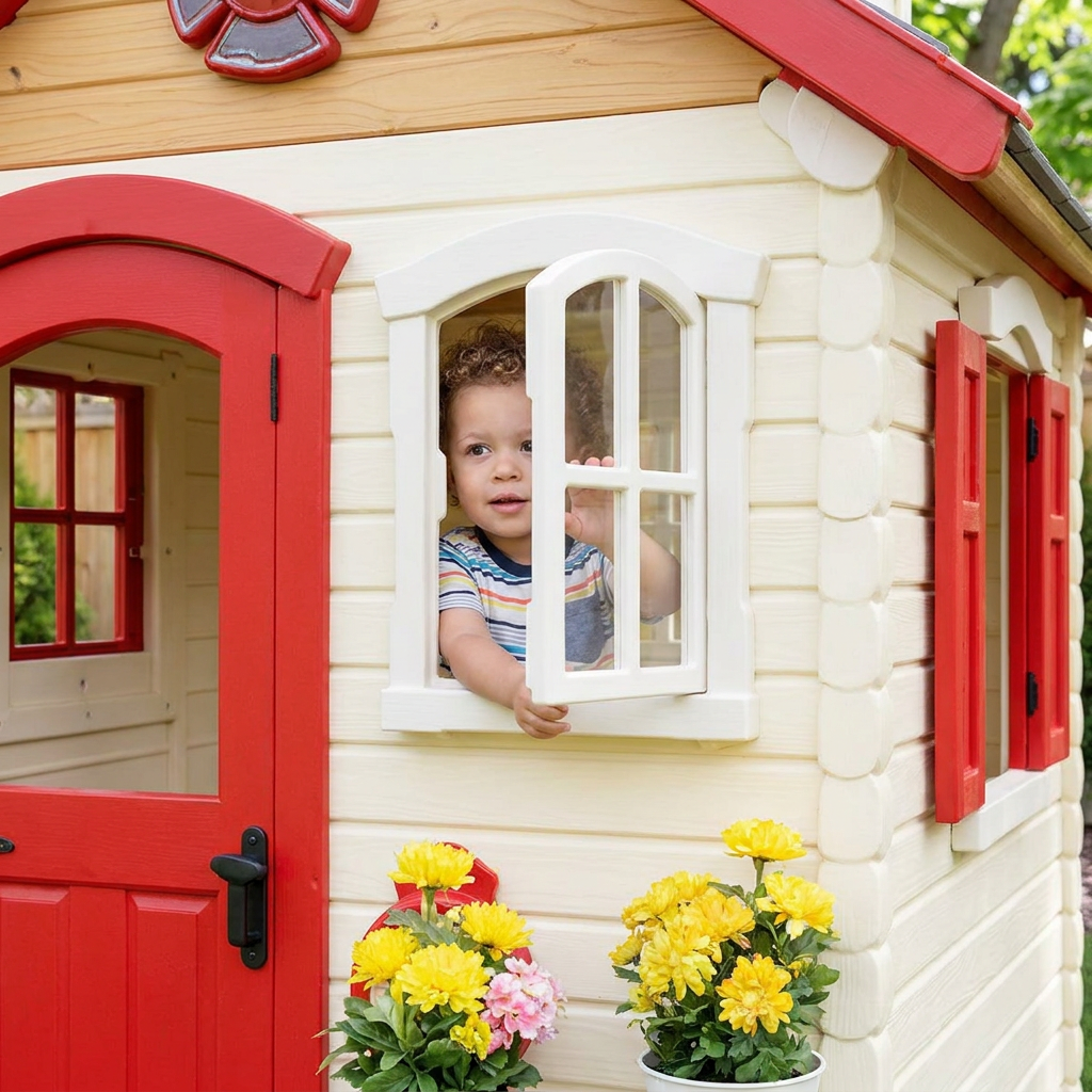 Fire Station Playhouse with Outdoor Swing Set