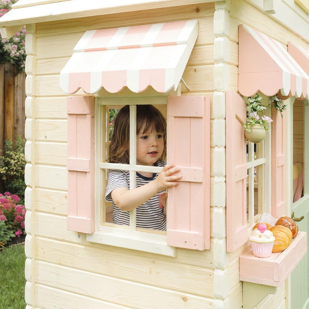 Bakery-Themed Playhouse with Outdoor Swing Set