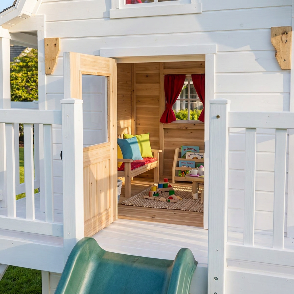 Kids Cottage Playhouse with Swings and Slide
