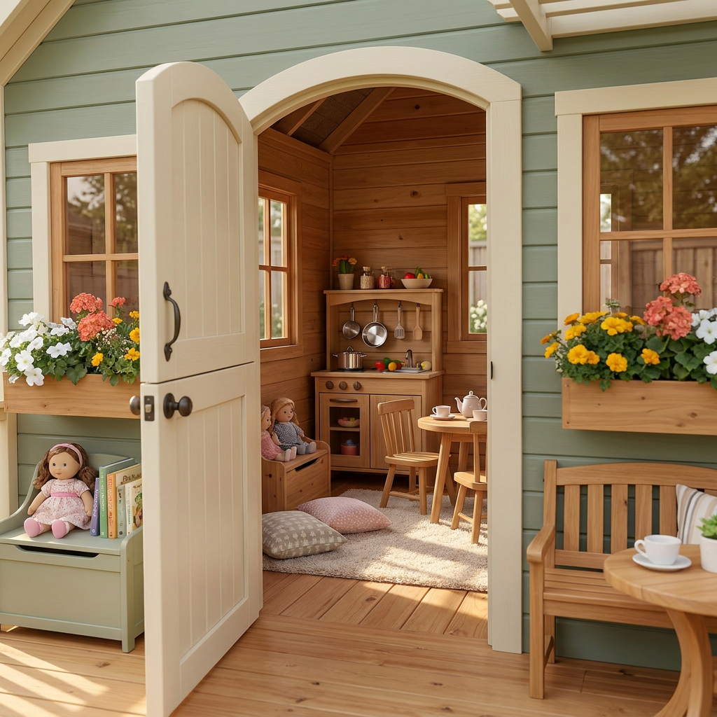 Kids Cottage Playhouse with Porch and Flower Boxes