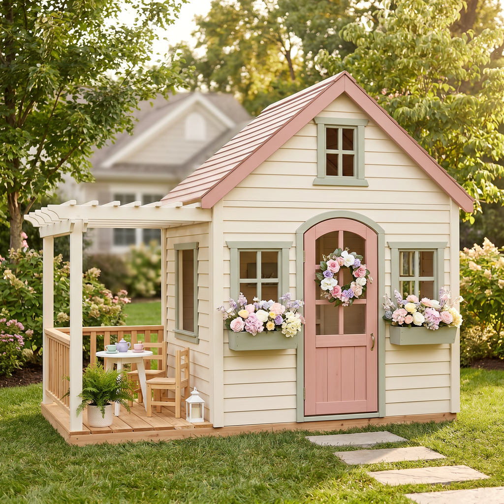 Rose-Colored Cottage Garden Playhouse with Porch