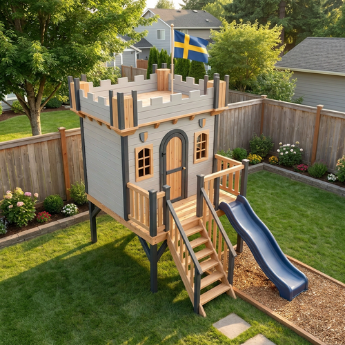 Wooden Kids Castle Playhouse with Blue Wave Slide