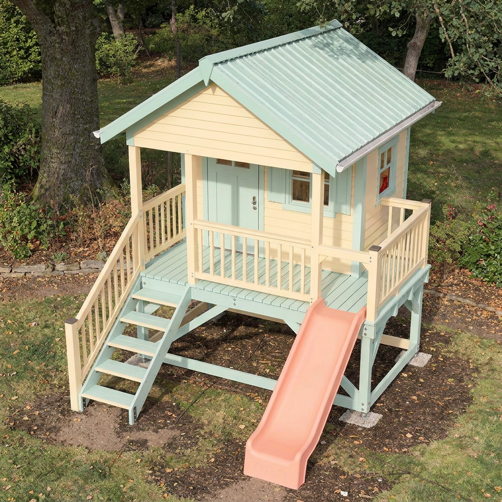 Peach-Colored Playhouse with Slide and Entry Stairs