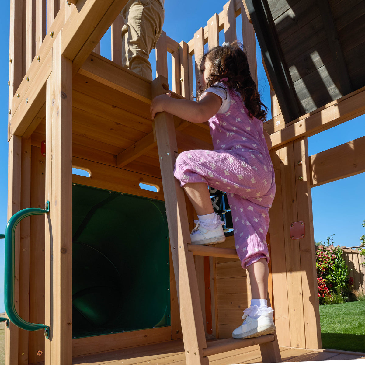 Wooden Outdoor Swing Set with Swings and Wave Slide