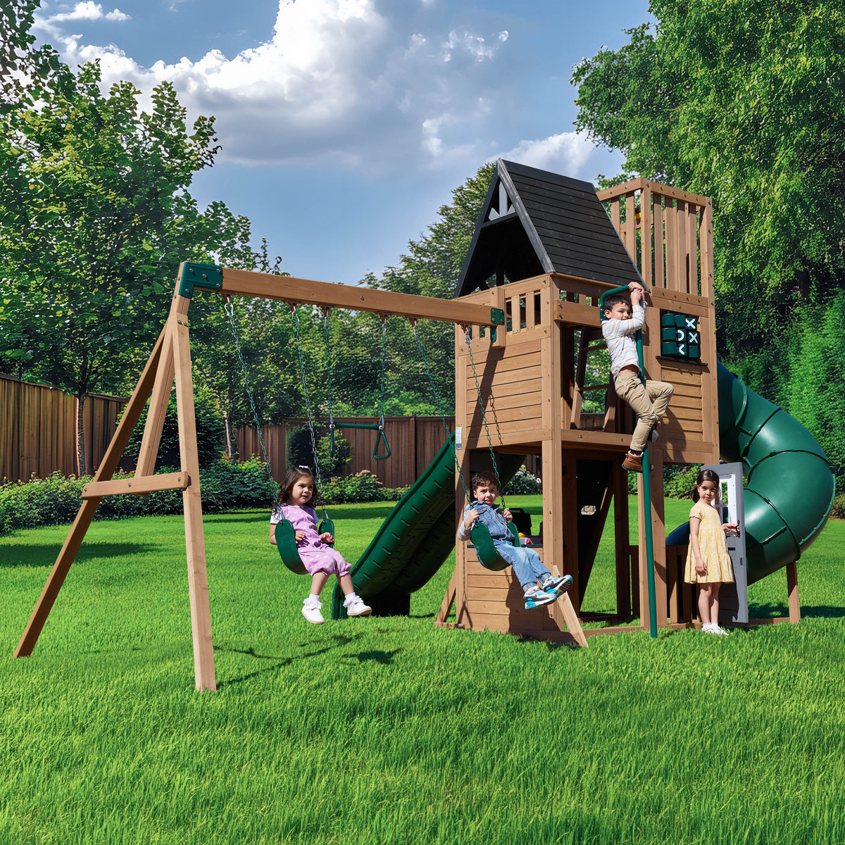 Wooden Outdoor Swing Set with Swings and Wave Slide