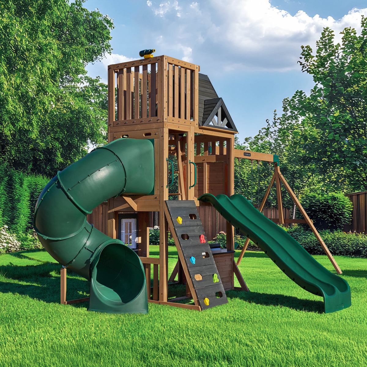 Wooden Outdoor Swing Set with Swings and Wave Slide