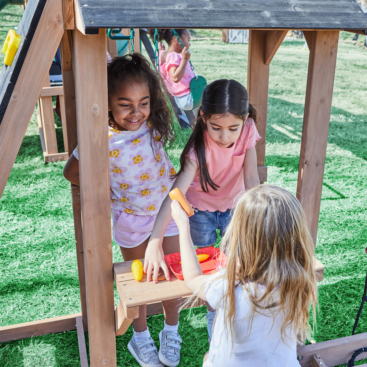 Wooden Outdoor Swing Set with Swings and Wave Slide