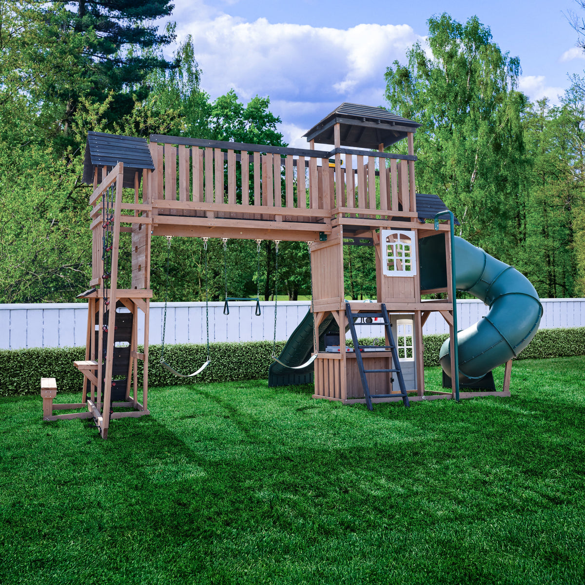 Wooden Outdoor Swing Set with Swings and Wave Slide
