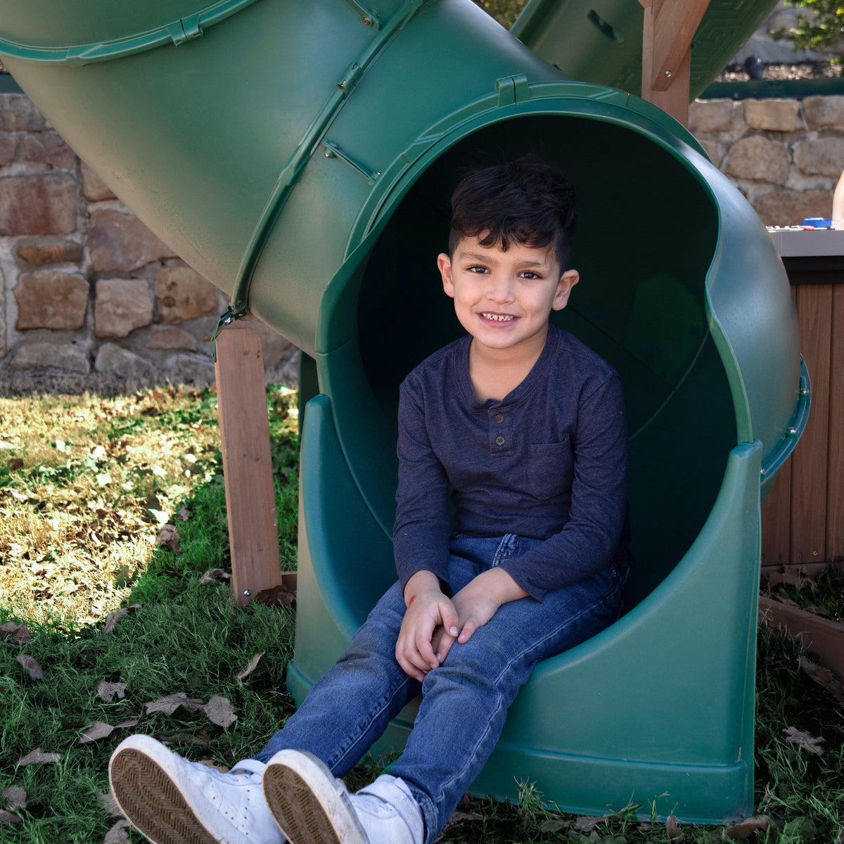Wooden Outdoor Swing Set with Swings and Wave Slide