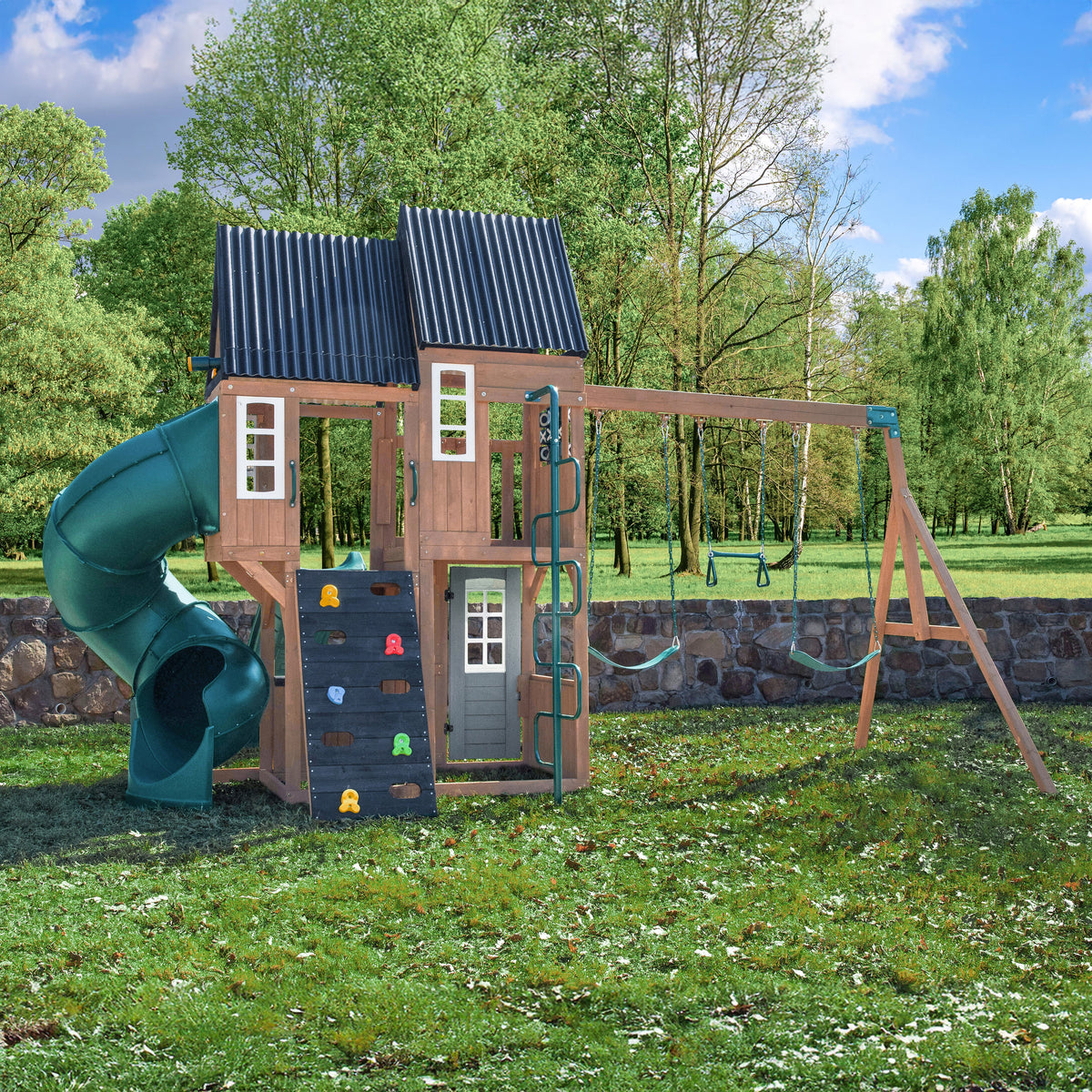 Wooden Outdoor Swing Set with Swings and Wave Slide