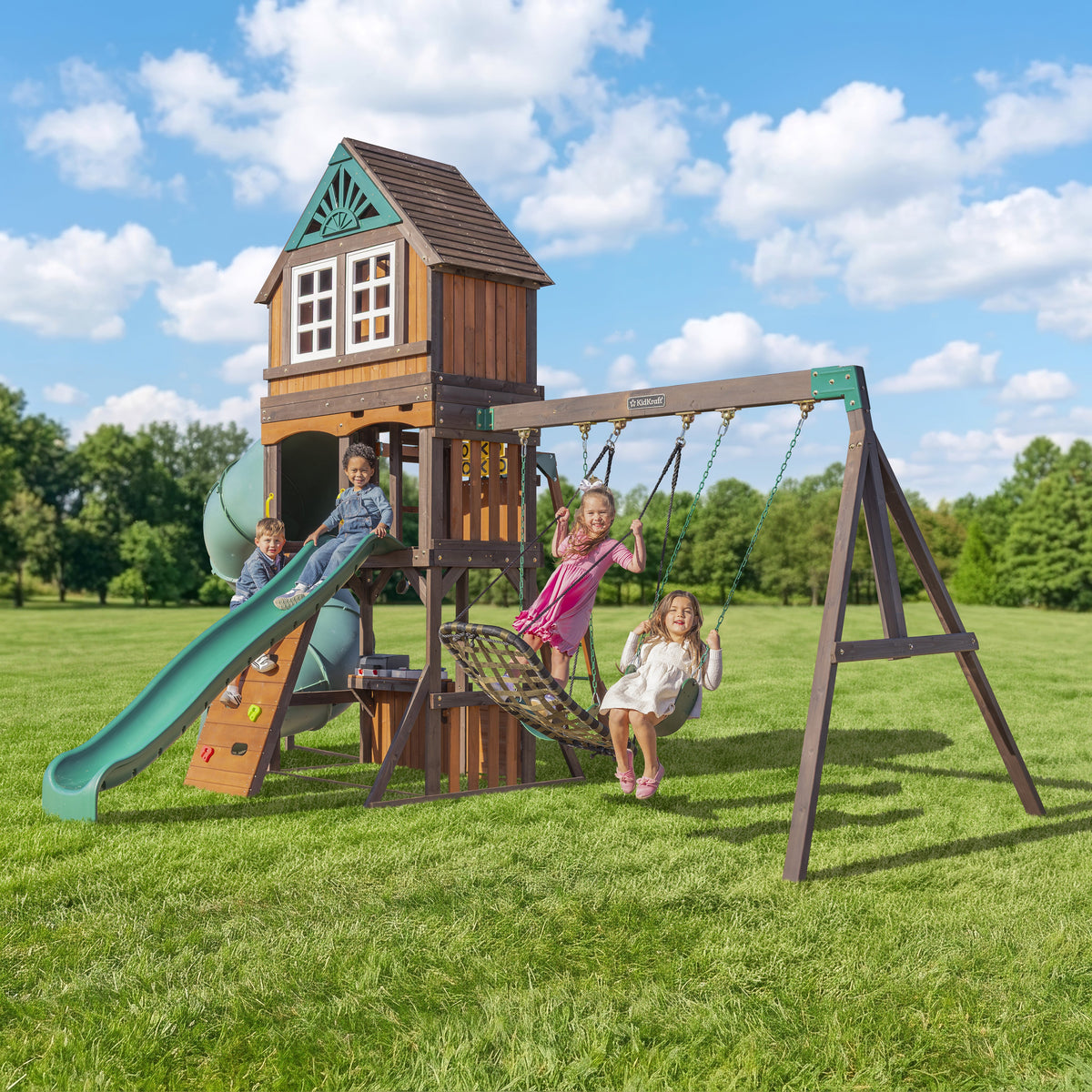 Wooden Outdoor Swing Set with Swings and Wave Slide