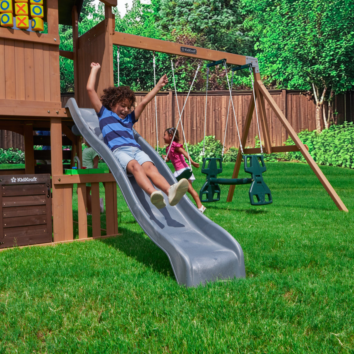 Wooden Outdoor Swing Set with Swings and Wave Slide